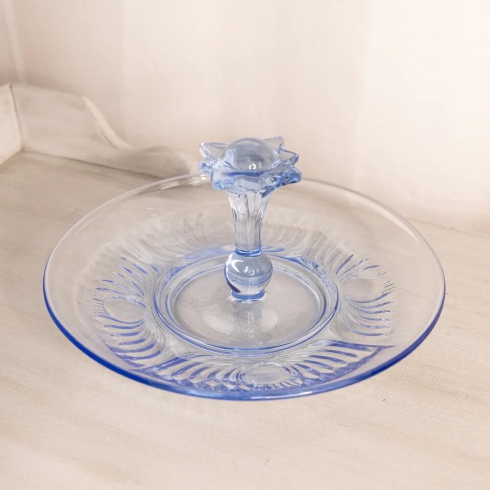 Vintage Paden City Maya Blue Glass Tidbit Tray with Large Fancy Handle